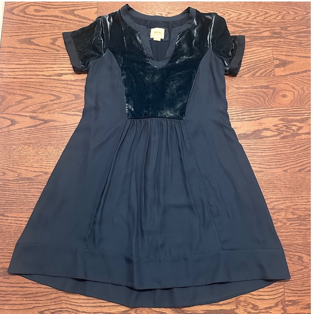 Maeve Anthropologie  Blue Velvet Mixed Media V-Neck Mini Dress XS